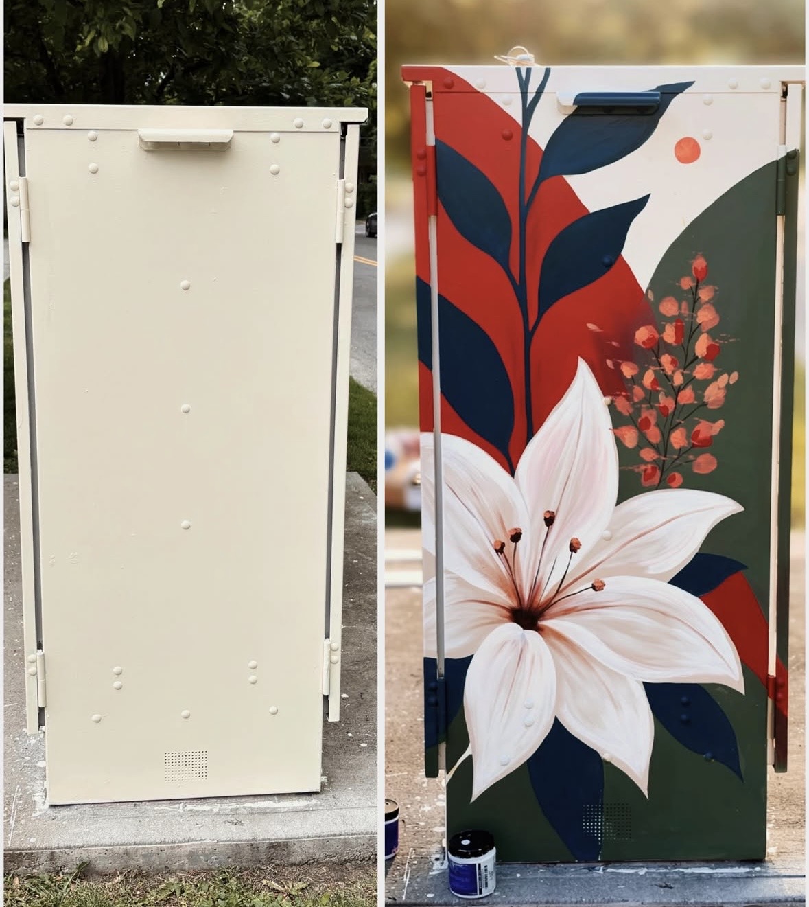 Side-by-side views showing the floral utility box mural in progress