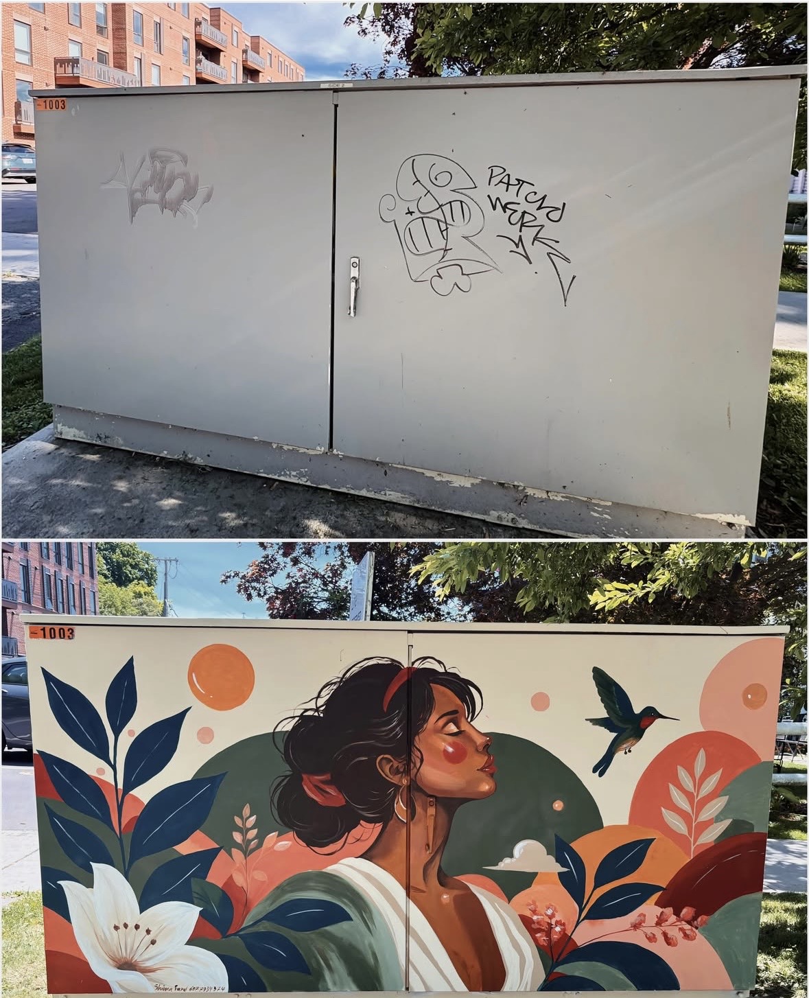 Before and after views of the second side of the utility box mural